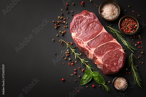 Seasoned perfection Fresh raw striploin steak with salt and herbs photo