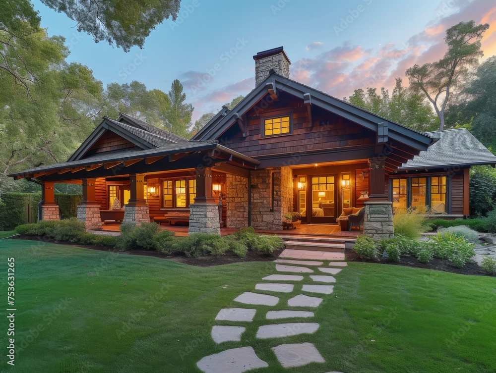 A Craftsman bungalow tucked away in a leafy residential enclave - obrazy, fototapety, plakaty 