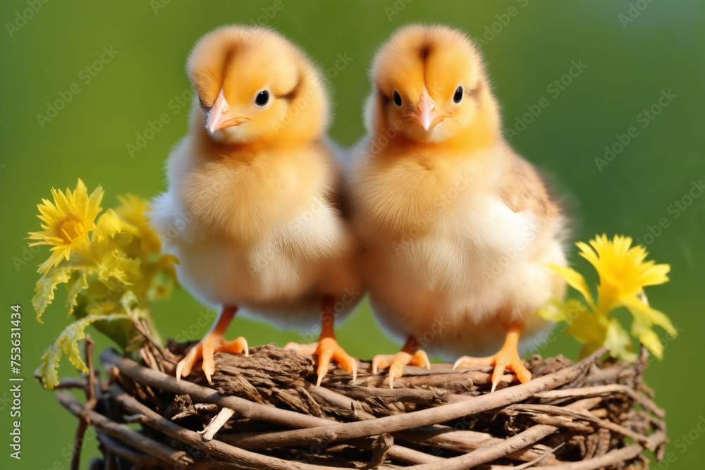 Portrait of small baby chickens in a nest, on a bright sunny day, on a ranch in the village, rural surroundings on the background of spring nature Portrait of small baby chickens in a nest, on a bright sunny day, on a ranch in the village, rural surroundings on the background of spring nature