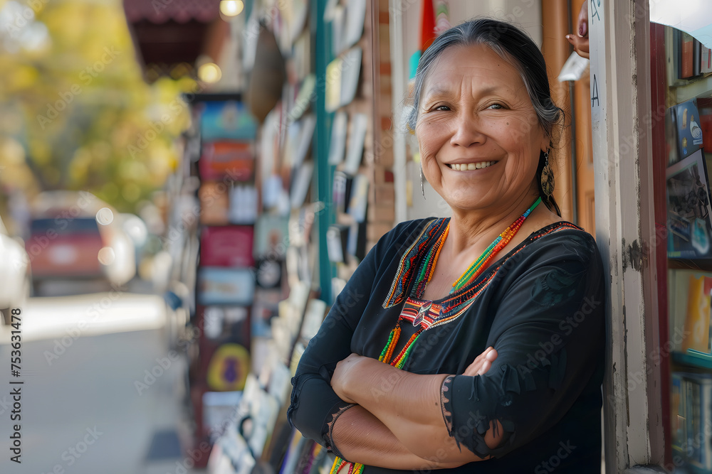 A Native American entrepreneur stands outside her charming locally-owned bookstore, bathed in sunlight. Beaming a genuine smile with arms crossed, she warmly welcomes customers.