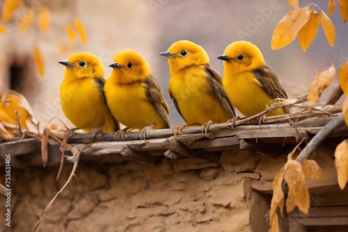 Portrait of small birds on a stone fence, bright sunny day, on a ranch in the village, rural surroundings on the background of spring nature