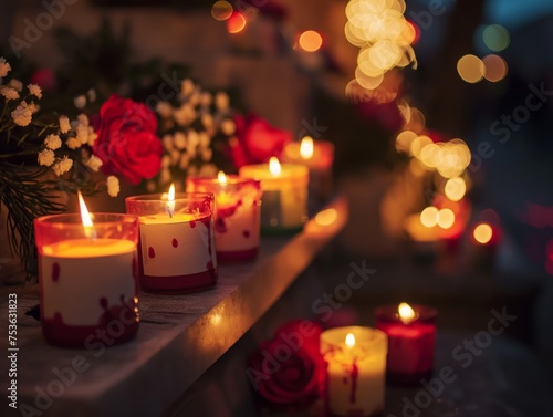 A tranquil scene with lit candles and flowers creating a warm  cozy atmosphere.