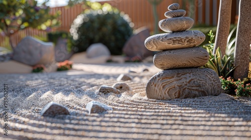 Zen garden with carefully raked gravel and balanced stones