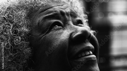 Macro Close-Up of Wrinkled Mature Black Woman with Gray Hair GAZES upwards feeling the presence of a higher power in black and white, monochromatic