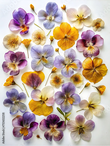 Pressed wildflower petals on a white background