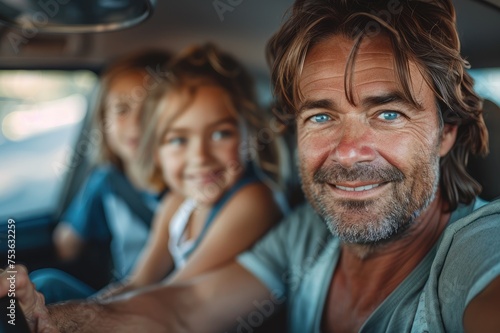 family in car, dad driving, kids in backseat