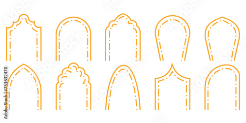 Types of minimalist arch architectural designs. Collection of simple door and window arch line designs in golden yellow