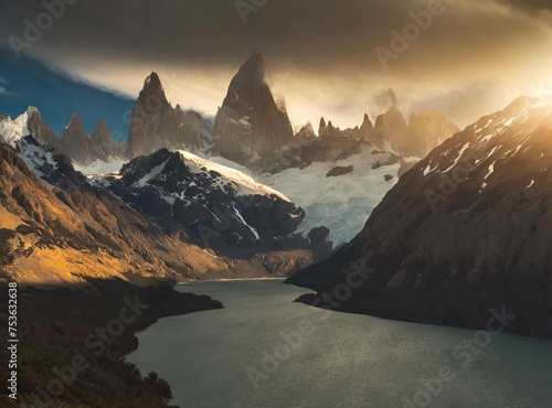 View of the Fitz Roy mountain range (Cerro Chalten) in Patagonia region of Chile, Andes. photo