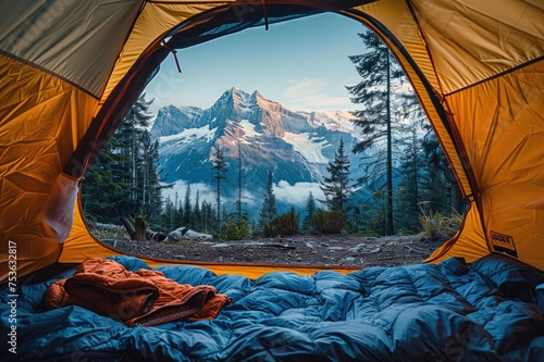  inside of camping tent with view to mountain