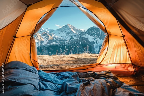  inside of camping tent with view to mountain