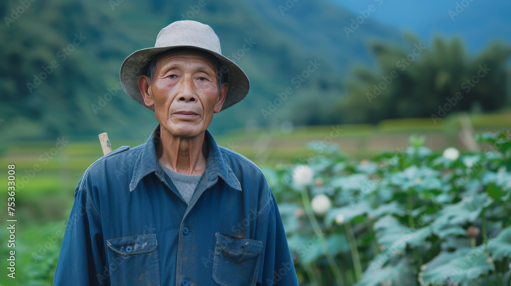 Middle-aged Asian Farmer Working in Field During Summer
