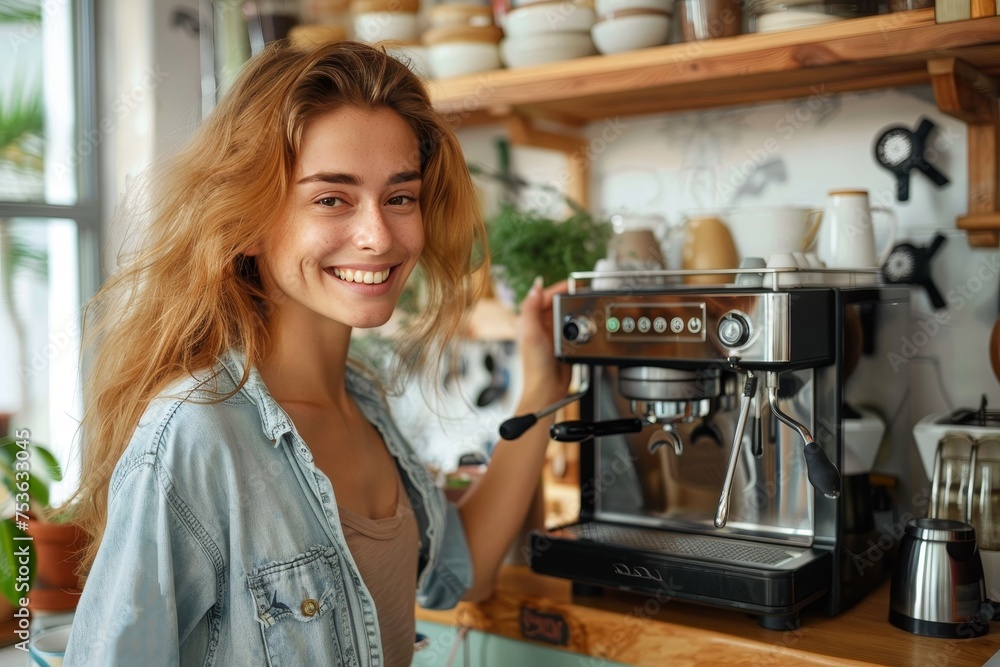 Cheerful young woman using a professional coffee maker with coffee cups around in a snug cafe environment Cheerful young woman using a professional coffee maker with coffee cups around in a snug cafe environment