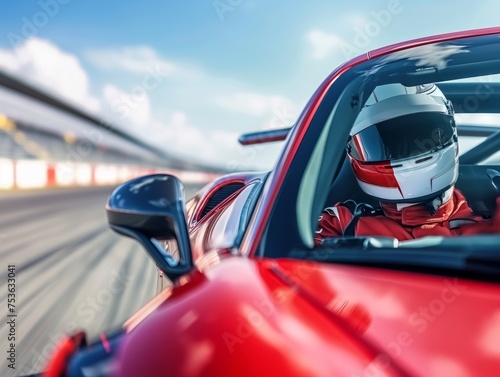Dynamic image capturing a race car driver in helmet focused on the race, speed effect on the track. © cherezoff