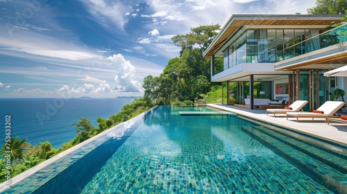 A lavish villa featuring a swimming pool against the backdrop of green area and ocean photo
