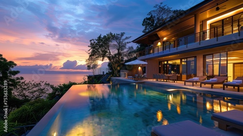 A lavish villa featuring a swimming pool against the backdrop of dusk © Firuz