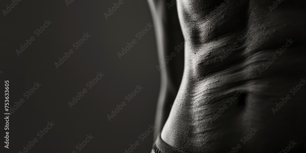 Naklejka premium Sagging abdominal skin after weight loss. Close-up of abdomen with Fat folds, banner for plastic surgery clinic, skin tightening.