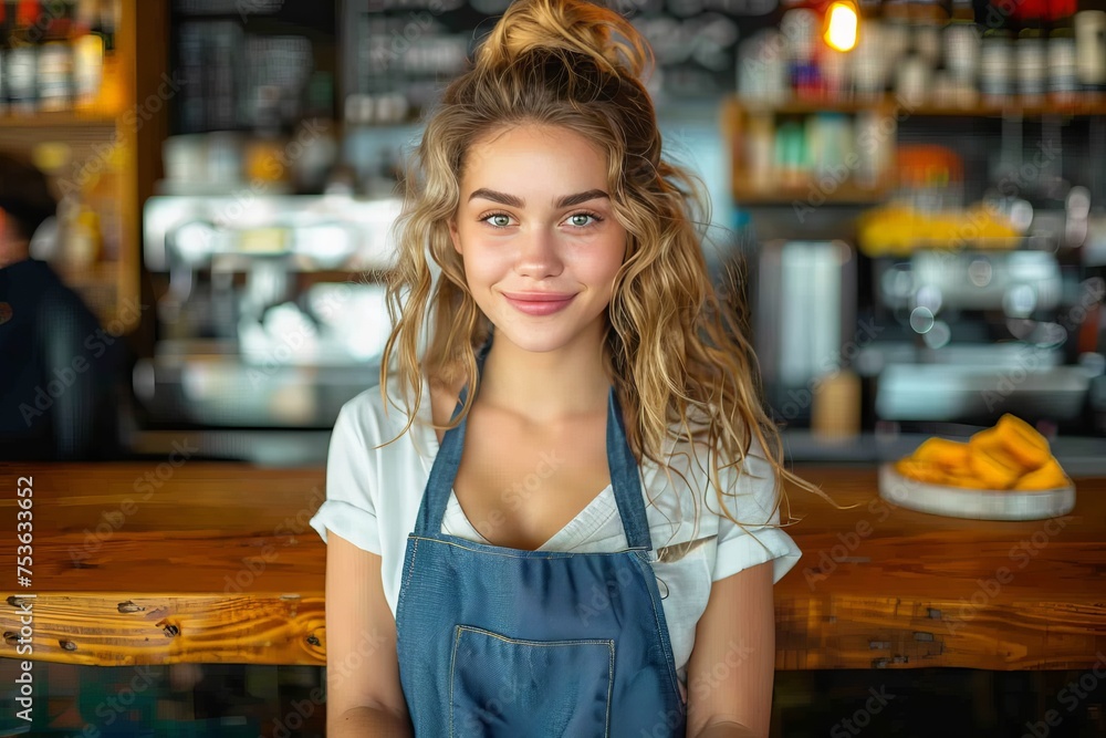 Young blonde woman in work clothes with hands on hips smiling at camera in a vibrant, upbeat cafe environment Young blonde woman in work clothes with hands on hips smiling at camera in a vibrant, upbeat cafe environment