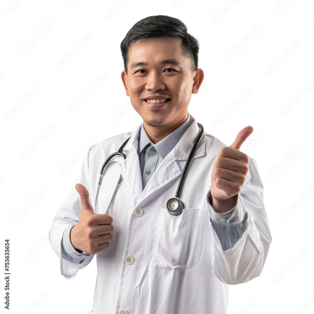 Asian doctor man showing thumb up with stethoscope isolated on transparent background Asian doctor man showing thumb up with stethoscope isolated on transparent background