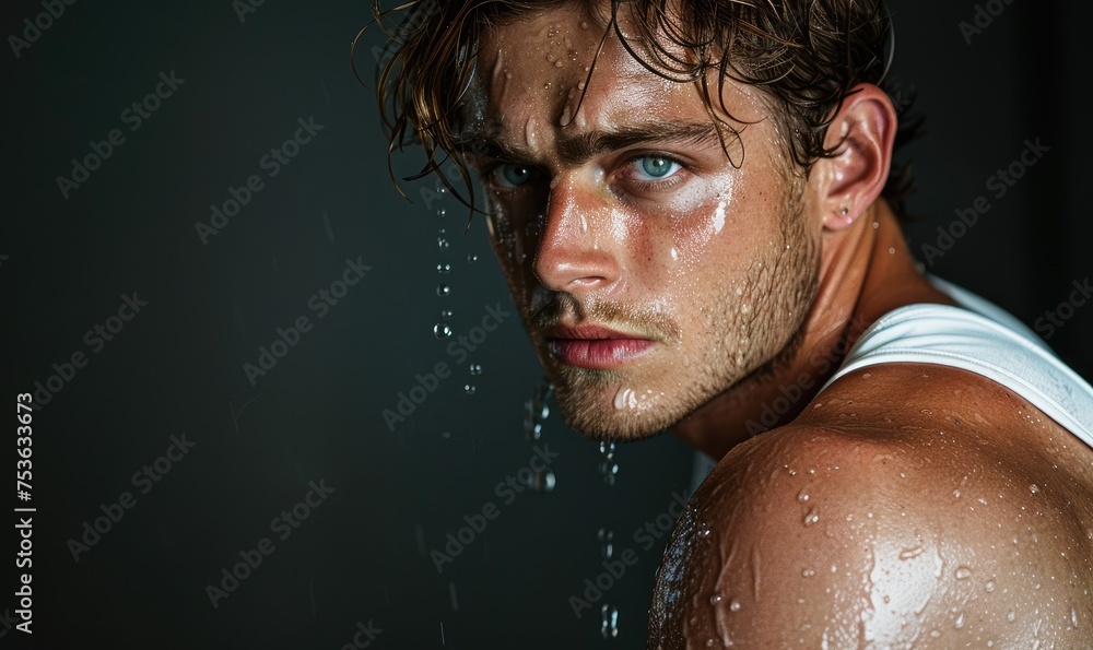 young muscular male model looking to the camera in a wet white tank top - obrazy, fototapety, plakaty 