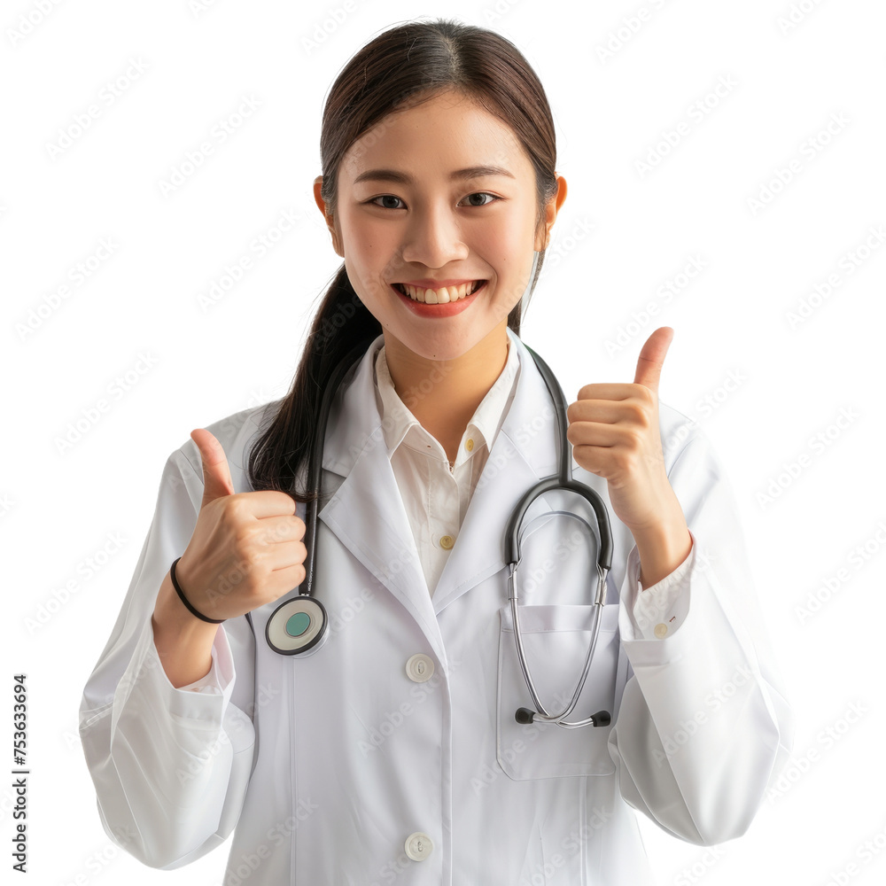 Smiling asian doctor woman with stethoscope showing thumb up isolated on transparent background Smiling asian doctor woman with stethoscope showing thumb up isolated on transparent background