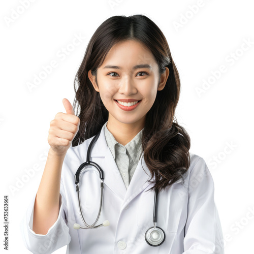 Smiling asian doctor woman showing thumb up isolated on transparent background