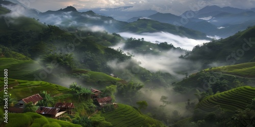 A foggy hillside shrouded in clouds © PixelPaletteArt