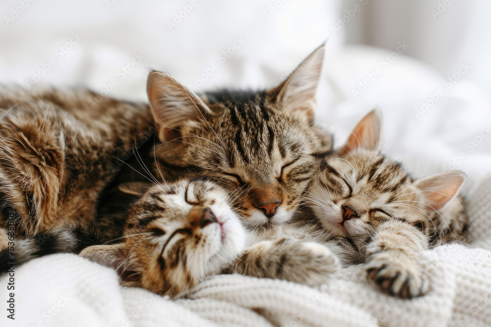 Three little kittens sleeping in bed with white blankets, white bedroom background. Three little kittens sleeping in bed with white blankets, white bedroom background.