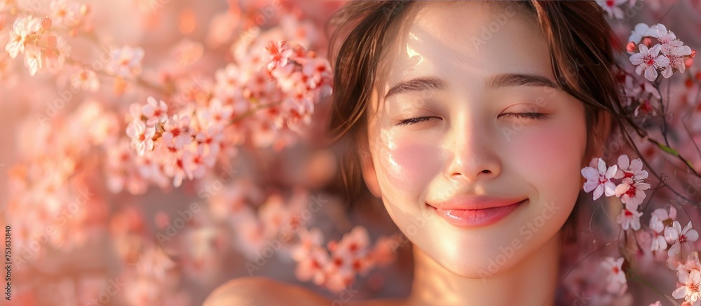 Fototapeta premium A beautiful Asian girl with her eyes closed against a background of cherry blossoms
