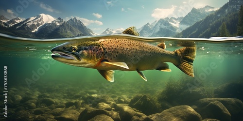 best trout fishing game hrt, big trout swimming complete under water line and the beautiful mountains. Generative AI photo