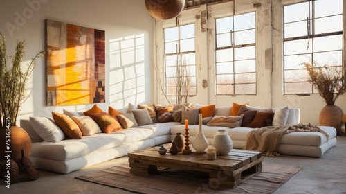 A stylish living room featuring a plush sofa, wooden furniture, and rustic wall art, exuding a calm ambiance. © Juan