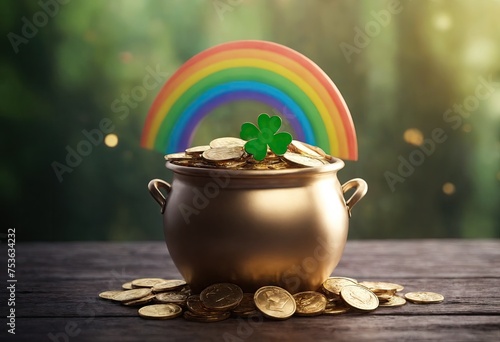 Cauldron full of gold coins standing on wooden table with rainbow and clover, in shiny green background. Concept of St. Patrick's Day and Irish spring holidays. Ai generation