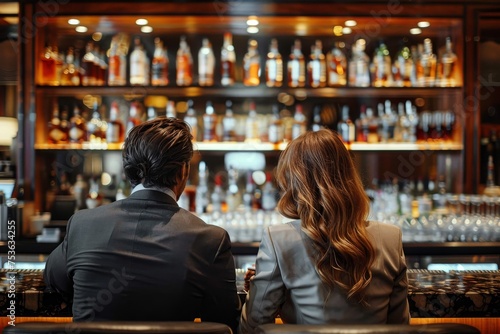 Wallpaper Mural A sophisticated male and female duo are seated at an upscale bar, surrounded by an array of premium spirits Torontodigital.ca