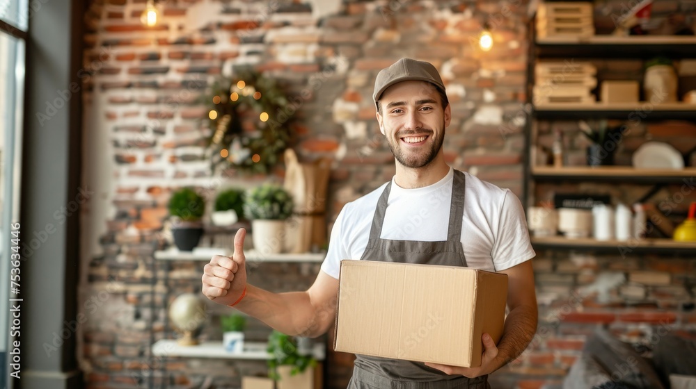 Positive moving service worker in overall holding box, showing thumbs up in new house living room Positive moving service worker in overall holding box, showing thumbs up in new house living room
