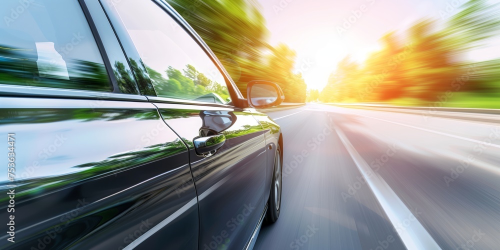 Car driving down tree-lined road Car driving down tree-lined road