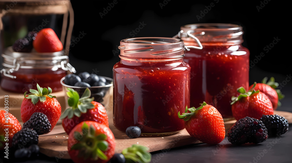 Close up of strawberry jam and fresh berries in jars Close up of strawberry jam and fresh berries in jars