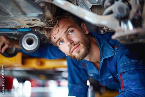 Skilled mechanic in blue overalls examining or fixing the underparts of a vehicle in a modern auto repair shop photo