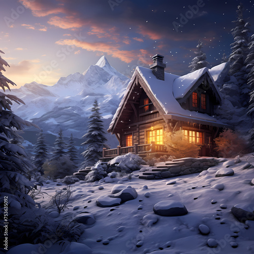 A cozy cabin in the snowy mountains. 