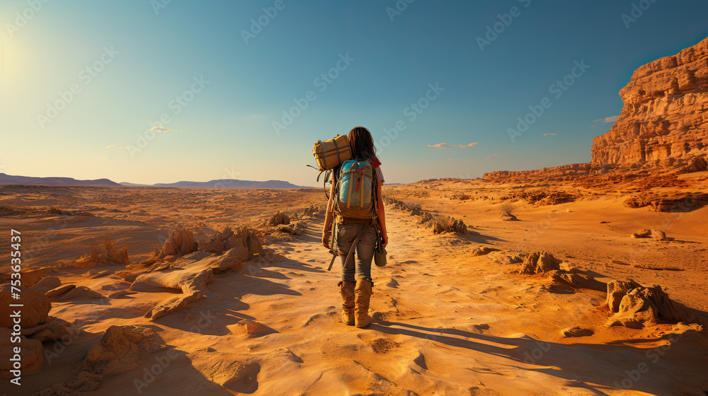 hiker with backpack in the desert created with Generative AI technology hiker with backpack in the desert created with Generative AI technology