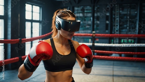 Female Athlete Training with Virtual Reality Boxing Simulator © Tiz21
