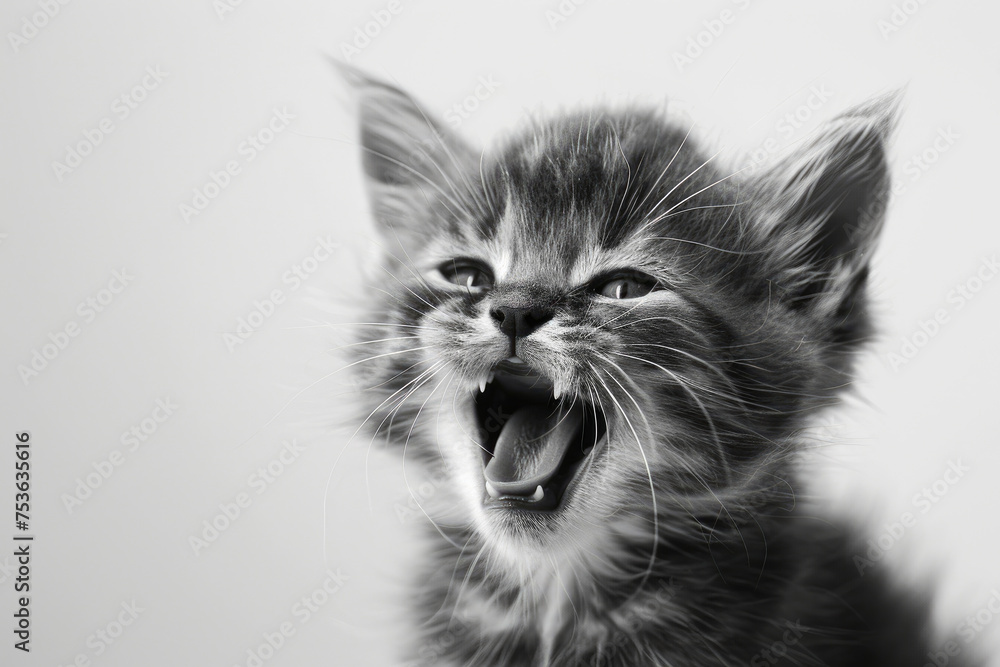 Little fluffy cute kitten yawning, close up on white background. Little fluffy cute kitten yawning, close up on white background.
