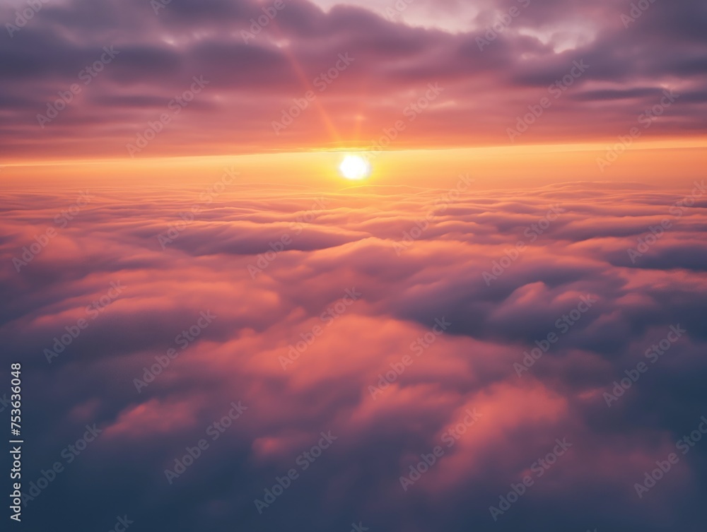 Stunning view of a sun rising over a soft sea of clouds under a warm sky.