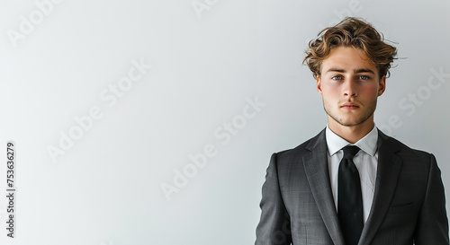 Giovane uomo alla moda in giacca e cravatta, sfondo bianco e spazio per testo photo