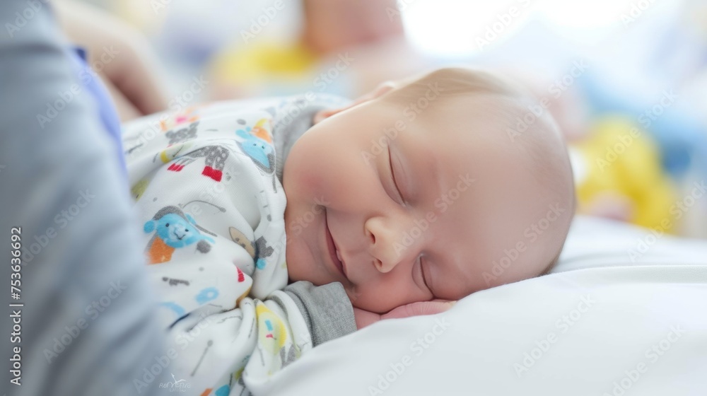Cute sleeping new born baby in bed. Cute sleeping new born baby in bed.