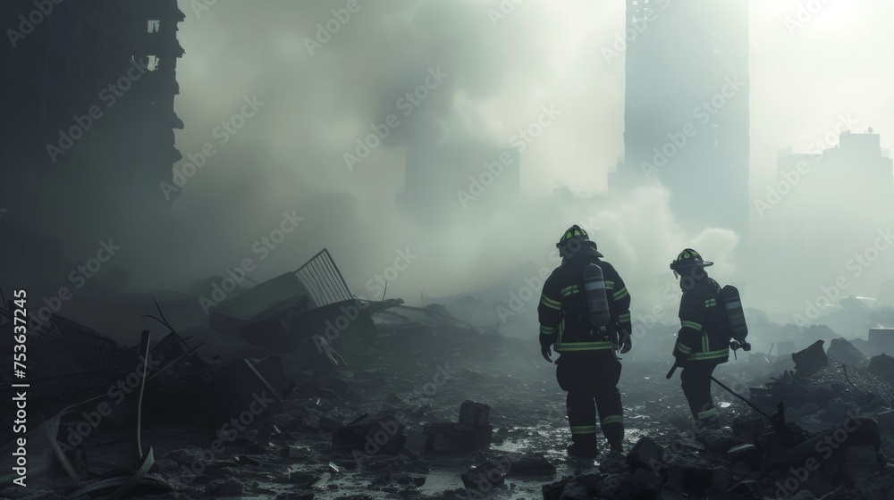 Firefighter searching in building ruin for survivors - obrazy, fototapety, plakaty 