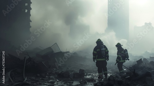 Firefighter searching in building ruin for survivors