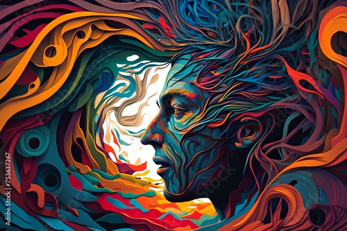 An image capturing the chaos of disrupted thoughts, with a person surrounded by swirling colors and abstract shapes, representing the turbulent mental state. © PZ SERVICES