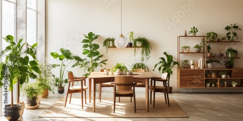 Contemporary dining room adorned with indoor plants.