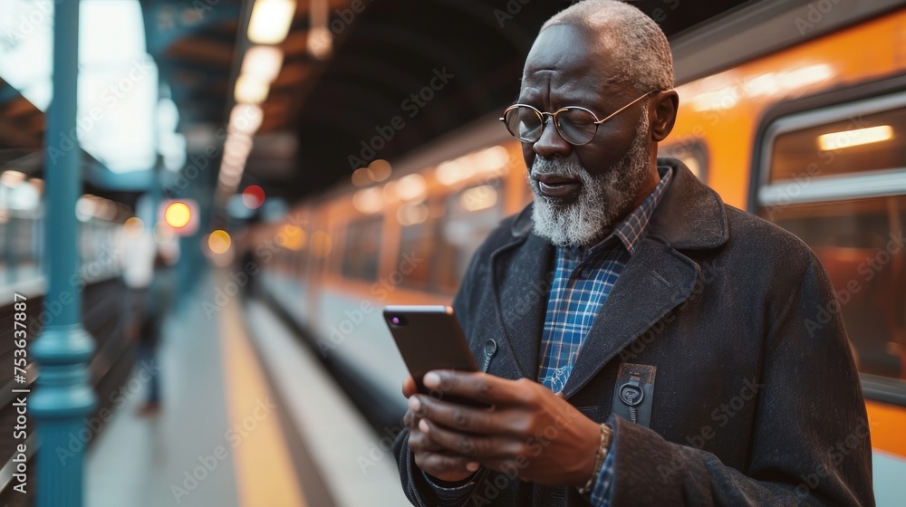 Man is using a phone at the train station Man is using a phone at the train station