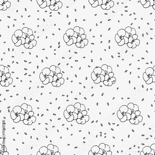 Seamless pattern with flax plant seeds and flowers. Vector hand drawn illustration