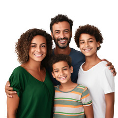 Portrait of happy family smiling together and looking at camera, isolated on white background